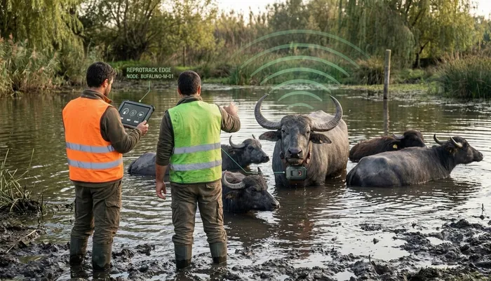 Concepción ilustrativa de dos técnicos validando en una tablet el dispositivo de un hato bufalino parcialmente sumergido en una laguna del Ribatejo.