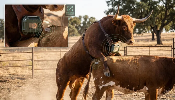 Concepción ilustrativa del momento de la monta detectado por el dispositivo en el macho, con confirmación por proximidad a la tag de la hembra y detalle del sensor.