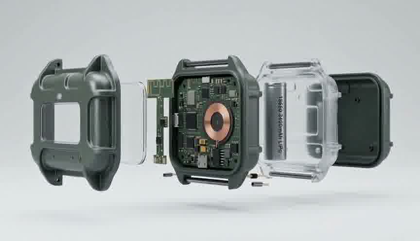 Animated exploded view of the ReproTrack chest device, rotating as it separates into its layers: outer enclosure, PCB with the BLE/LoRa chip, transparent inner shell, 18650 battery, and rear shell.